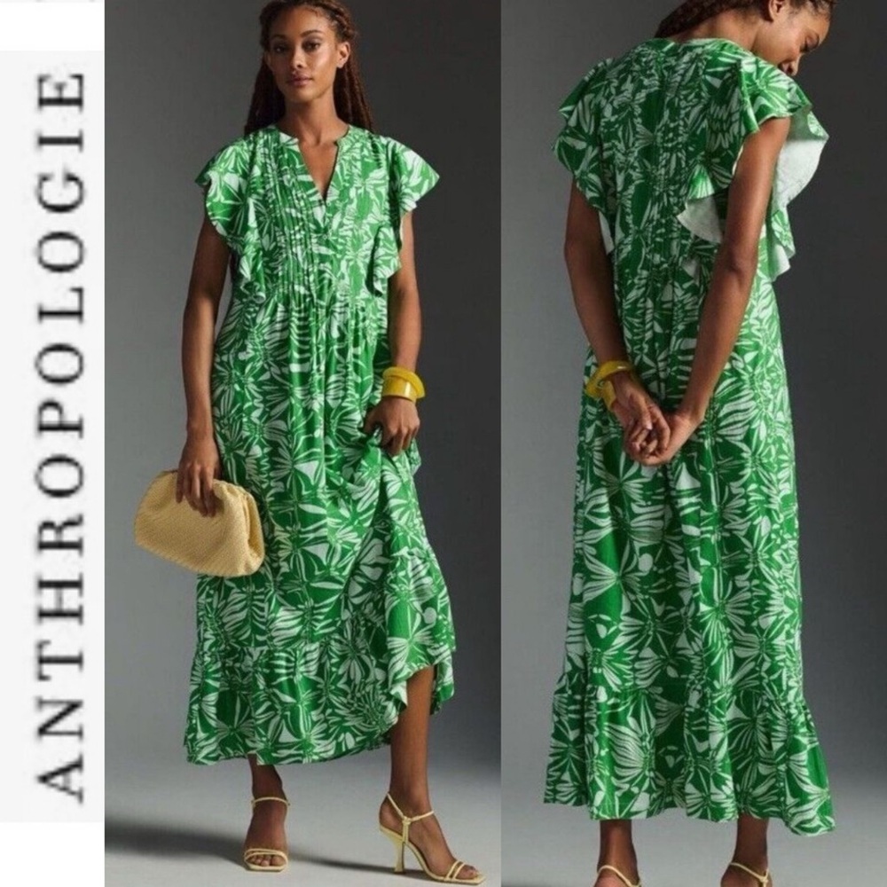 NWOT Anthropologie Maeve Cassandra green/white Floral Maxi Dress xs - Picture 3 of 14